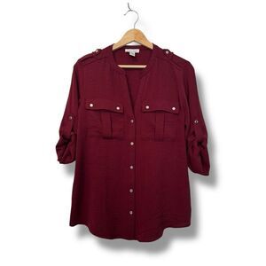 Calvin Klein Burgundy Button-Up Long Sleeve Shirt Women's Medium